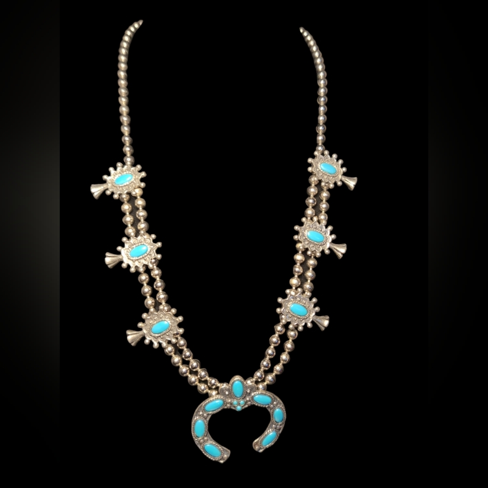 Vintage Faux Turquoise Squash Blossom Necklace 28 Inches Southwestern